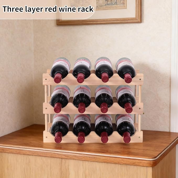 Wooden Wine Rack, countertop Wine Rack, 8-Bottle Stackable Wine Storage Rack, DIY Assembled Wine Holder, Used in Kitchens, countertops, etc (3 Layers of 12 Bottles)