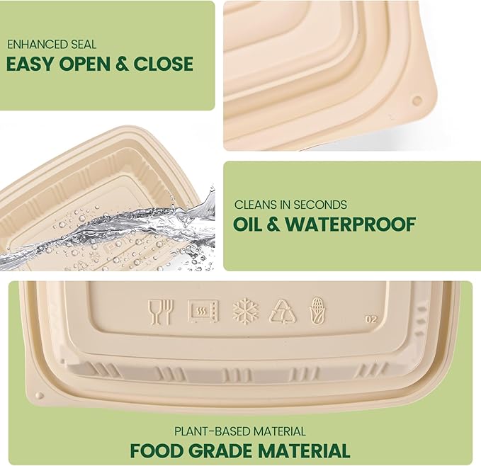 100 Piece (50 Pack) Meal Prep Containers with Lids,32 oz Resuable Cornstarch Material Salad Containers, Plant-based Lunch Boxes, Plastic Take Out Bowls BPA Free, Microwave Freezer Safe, Stackable