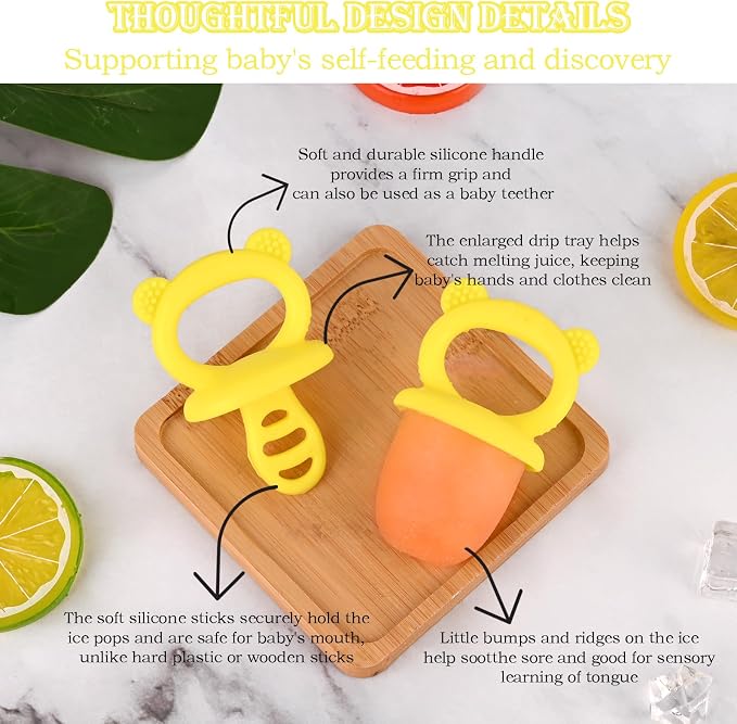 Sakolla Baby Popsicle Molds Mini 6-Cavity Silicone Ice Pop Mold with Sticks Breastmilk Popsicle Molds for Teething Relief Toddler Popsicle Mold for Ice Cream Frozen Yogurt and Fruit Juice (Yellow)