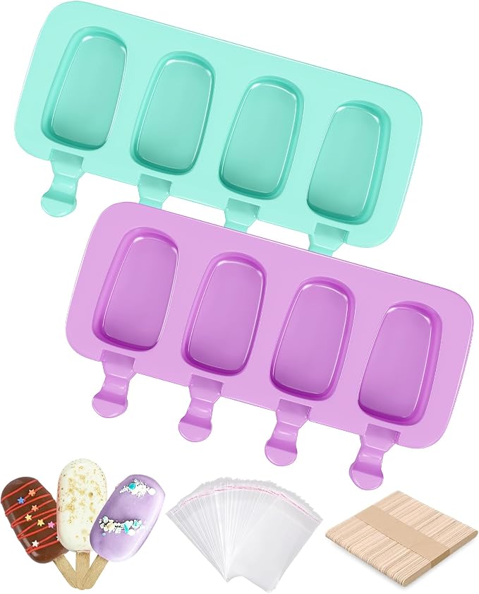 Ouddy Life Popsicle Molds Set of 2, Ice Pop Molds Silicone 4 Cavities Ice Cream Oval Cake Pop Mold with 50 Wooden Sticks for DIY Popsicle, Purple Green