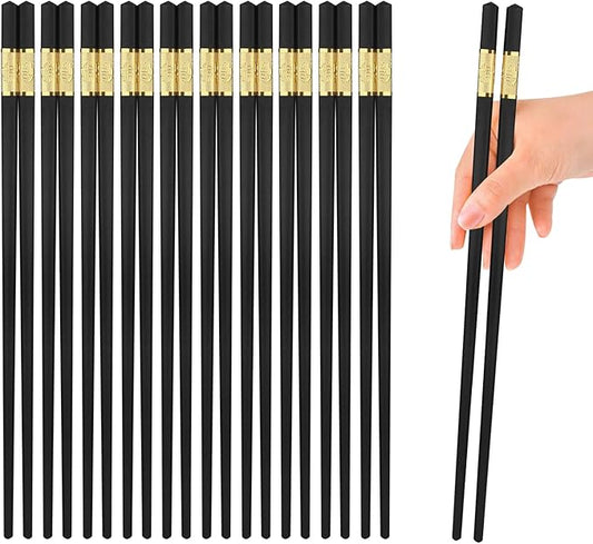10 Pairs Non-Slip Fiberglass Chopsticks, Reusable Chopsticks Gift Set Dishwasher Safe, Easy to Use and Clean, Square Lightweight for Home Kitchen, Hotel, Restaurant Dining Tools, Black and Gold