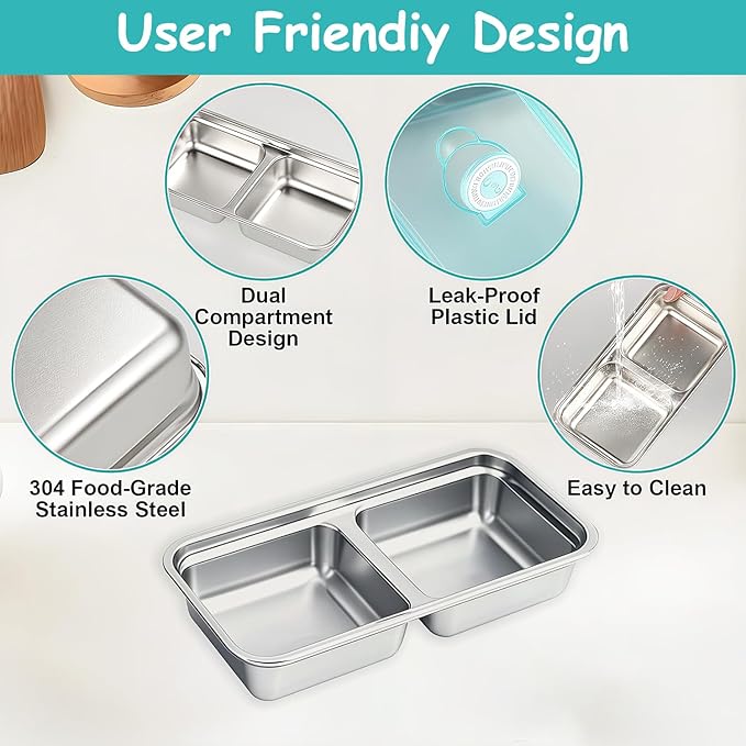 Stainless Steel Snack Containers, 6-Pack Reusable Grab and Go Containers with Lids, Dual Compartment Bento Box for Travel, Camping & Lunch Prep