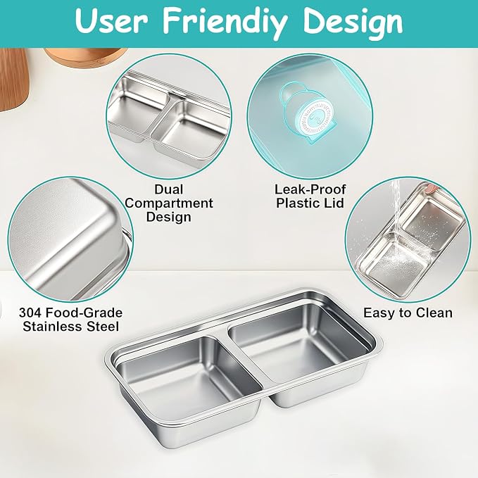 4Pcs 304 Stainless Steel Bento Boxes, 2 Compartments Portable Food Storage Containers Snack Boxes with Lids, Divided Meal Prep Lunch Box Food Container Dishwasher Safe