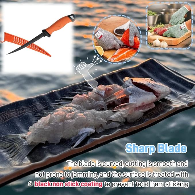 Fishing Knife Set, Fish Cleaning Kit, Filet Knife for Fish, Fish Scale Cleaning Brush, Multi-Functional Scissors, Gloves, Fishbone Tweezers, Storage Bag,Fishing Accessories,Fishing Tool Kit