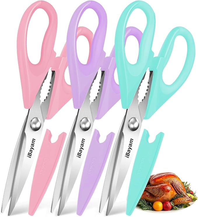 iBayam 8.7" Cute Kitchen Scissors All Purpose, Pastel Pink Purple Teal | Stainless Steel, Comfort-Grip Handles, Dishwasher Safe, Cute Pastel kitchen utensils accessories Apartment Essentials