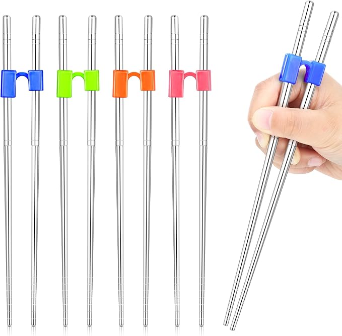 5 Pairs Reusable Chopsticks Helpers Training Chopstick for Beginner Replaceable Practice Chopsticks Non-slip Training Chopstick for Adults Learner(Stainless Steel,Silver)