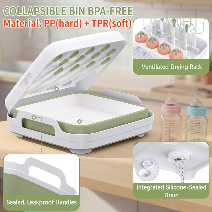 Yecuip Collapsible Baby Bottle Wash Basin w/Drying Rack & Drain Plug, Green | 2.4 Gallon Foldable Dish Tub w/Handles,Portable RV Camping Sink & Space-Saving Wash Bin with Lid for Kitchen,Travel & Outdoor