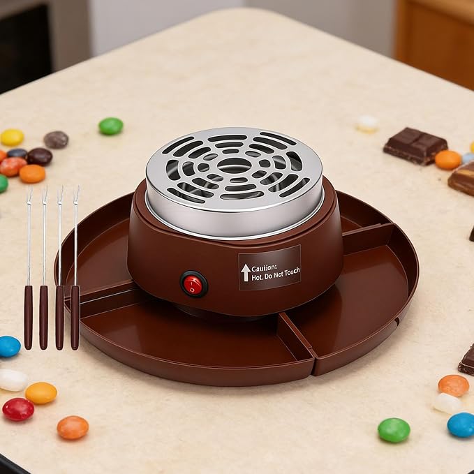 Dpofirs 2 in 1 Electric Fondue Set & Smores Maker Tabletop Indoor Kit, with 4 Forks & 4 Trays, Smores Station Chocolate Melting Pot - Date & Movie Night Supplies (Coffee Color)