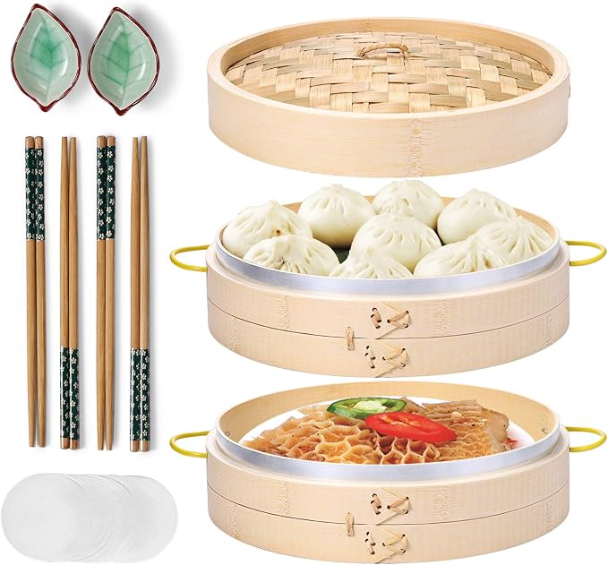 MacaRio 10 Inch Bamboo Steamer Basket Set Dumpling Steamer for Cooking | 2-tier with lid side handles chopsticks ceramic sauce dishes 50 paper liners for dumplings buns vegetables