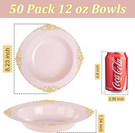 Nervure 50PCS Pink Plastic Bowls with Gold Rim - 12oz Disposable Soup Bowls, Heavy Duty Salad Ice Cream Bowl Perfect For Weddings, Parties and Everyday Use