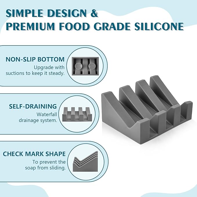 Self Draining Soap Dish,Silicone Suction Cup Soap Holder, Bathroom Soap Dish for Bar Soap,Can Extend Soap Life,Bathroom, Bath Tub, Kitchen Sink(3, Grey)