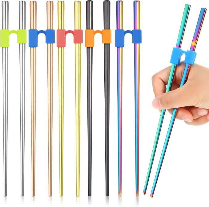 5 Pairs Reusable Chopsticks Helpers Training Chopstick for Beginner Replaceable Practice Chopsticks Non-slip Training Chopstick for Adults Learner(Stainless Steel,Bright Colors)