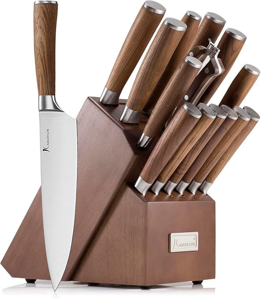 Natura Series 15 PCS Knife Block Set, Ultra Sharp High Carbon Stainless Steel with Wooden Handle