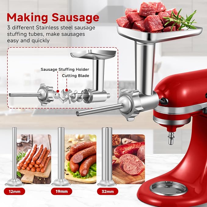 Meat Grinder Attachment for Kitchen Aid Stand Mixer, Food Attachment Included 4 Grinding Plates, 3 Sausage Stuffer Tubes & Holder, 2 Grinding Blades, Burger Press, Dishwasher Safe, Stainless Steel