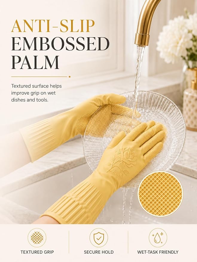 Disfore Rubber-Gloves Dishwashing Gloves for Cleaning-Kitchen - 2 Pairs Long Household Cleaning Gloves for Washing Dishes
