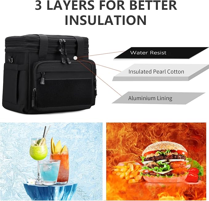 Gafetrey Large Tactical Lunch Box for Men, Insulated Lunch Bag Adult, Thermal Lunchbox Leakproof Waterproof Cooler Bag, Dual Compartment Lunch tote, Large Lunch Pail for Office Camping (Black) 24L