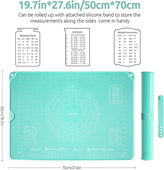 U-Taste 28"x20" Large Pastry Mat: Food-Grade Liquid Silicone Dough Rolling Baking Sheet, Non-Stick Non-Slip for Kneading, Making Pizza, Fondant, Pie with Clear Measurement and Raised Edges (Aqua Sky)