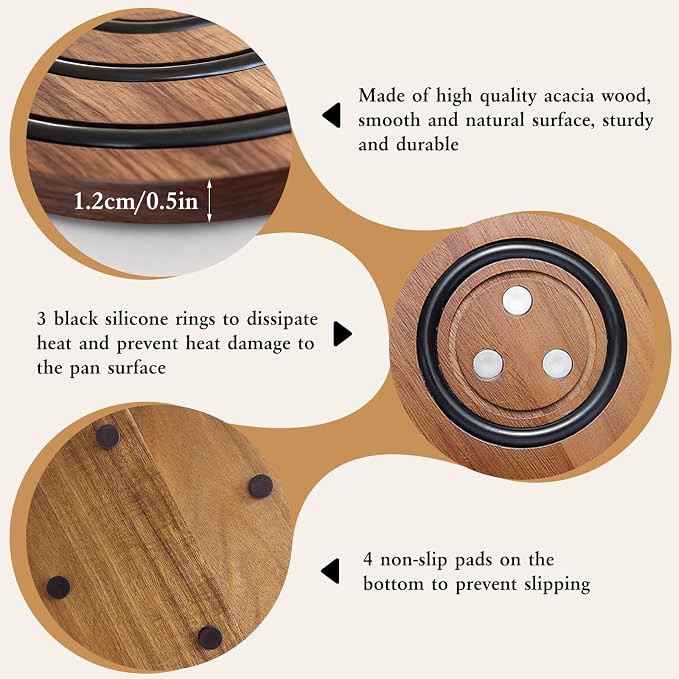 2 PCS Magnetic Wooden Trivets for Hot Pots and Pans with 4 Silicone Pot Handle Covers, Heat Resistant Acacia Wood Trivet for Dutch Ovens Hot Pots&Pans Cast Iron Skillet, for Mom Grandma