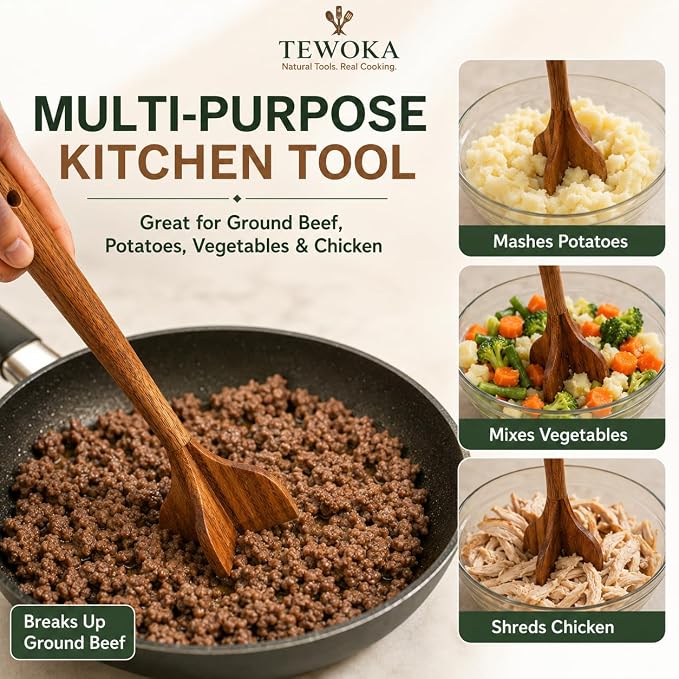 Teak Wood Meat Masher, Wooden Meat Chopper for Ground Beef, Non-Scratch Hamburger Masher & Potato Masher, Heat-Resistant Ground Meat Chopper Tool for Nonstick Cookware