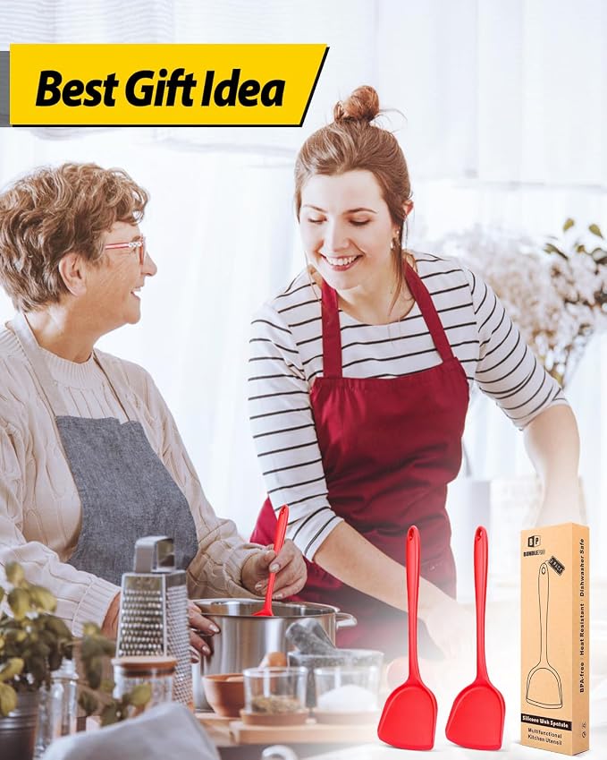 BUNDLEPRO Silicone Seamless Wok Spatula, 2 Pack, Red | Non-Stick, Heat Resistant, Easy to Clean, Dishwasher Safe, Ideal for Cooking, Baking, Stir-Fry