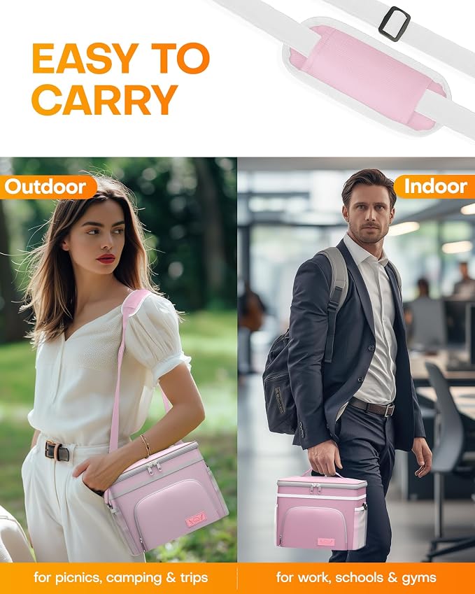 HOTOR Insulated Lunch Box Men Women Leak-Proof Cooler Lunch Bag 9L | 4 Pockets, Adjustable Strap, Ideal for Work, Picnic, Travel, Camping, Gift, Pink