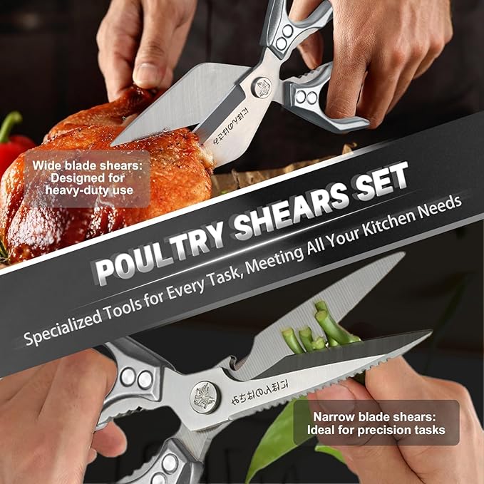 Kitchen Scissors Set for Food with Sharp Bone-Cutting Blades | Multi-Use Poultry Shears, Meat Seafood Use, Dual Riveted Joint, Ergonomic Handle, Easy Clean, Thoughtful Kitchen Gifts