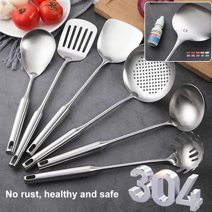 Stainless Steel Kitchen Cooking Utensils Set 6 PCS Dishwasher Safe | Food-grade 304, All Metal, 12-13.6", Wok Spatula, Ladle, Skimmer, Slotted Spatula Turner, Spaghetti Spoon, Large Spoon