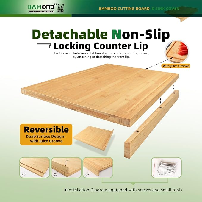 BAMOTTO CRAFTBAMBOO 15.8x22 Inch Large Bamboo Cutting Board Sink Cover | Non-Slip Detachable Lip | Reversible with Juice Groove | Kitchen Countertop Board Noodle Board | Stovetop Cover