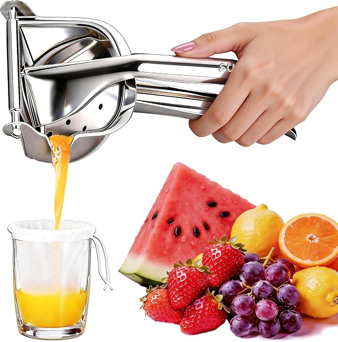 Fruit Juice Squeezer Manual Juicer – 304 Stainless Steel Hand Juicer Citrus Press with Metal Filter filter bag, Easy to Use & Clean, Non-Slip Ergonomic Grip, for Lemon, Orange & Citrus
