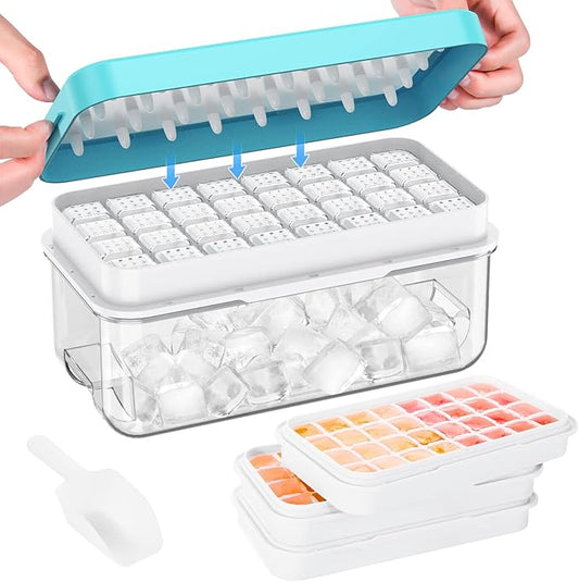 PHINOX Ice Cube Tray with Lid and Bin, 3 Pack Plastic Ice Cube Tray Molds, 96(4 * 8 * 3) pcs Ice Trays for freezer, Chilling Drinks, Whiskey & Cocktails, with Ice Container and Ice Scoop, BPA-Free