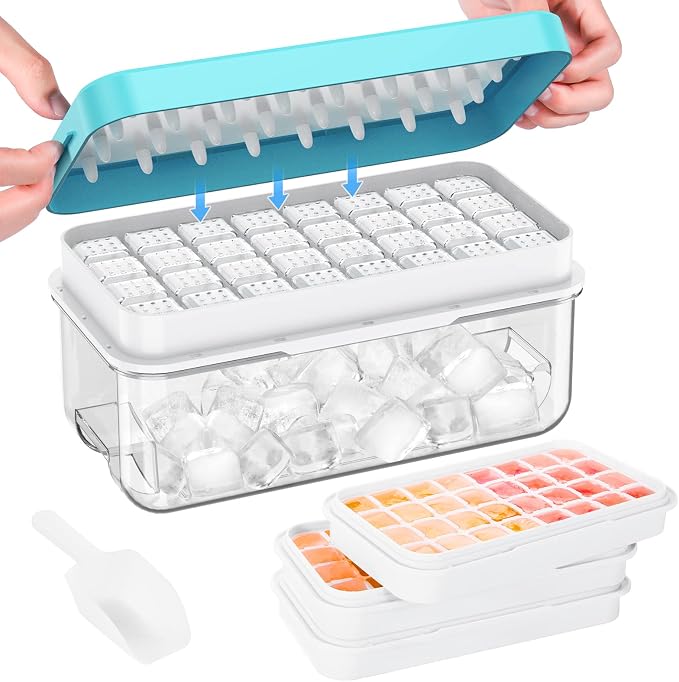 1.0" Ice Cube Tray with Lid and Bin, PHINOX 96 Cubes Ice Trays for Freezer, Ice Cube Trays for Freezer with 3 trays, Container, Lid & Ice Scoop, BPA Free, Blue(32Cubes/Tier)