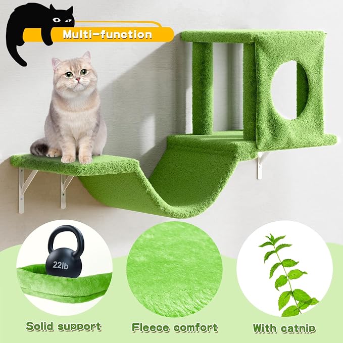 NUNU LAB Wall Mounted Cat Climber Set, 6 Pcs Cat Furniture Set with House, Bridge, Steps, Scratcher Board and Hammock, Shelves for Indoor, Luxury Walls Furniture, Light Green