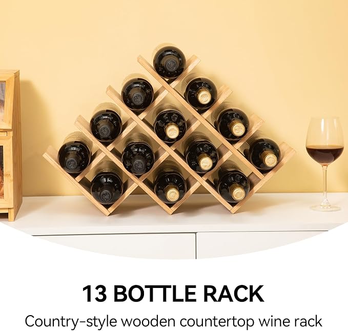 KIRIGEN Wood Wine Rack, 13-Bottle 4-Tier Countertop Holder, Natural, 4-NA | 22.28 x 5.9 x 13.9 In, Freestanding Wooden Rack Stores 13 Wine Bottles for Counters, Cabinets, Pantry Shelves, and Home Bars