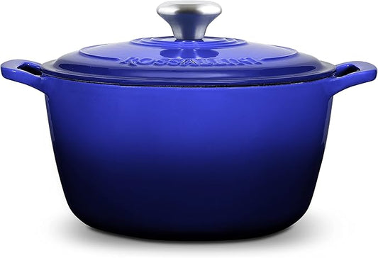 Signature Enameled Cast Iron Dutch Oven, Non-Stick Serving Pot with Tight Fitting Lid for Perfect Roasting, Baking, Sauteing, and Bread Making | 7.4Q (7L) - Indigo Blue