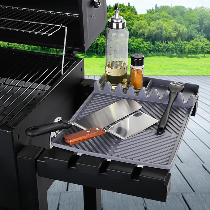 Find law Silicone Tools Mat for Griddle & Kitchen Countertop | Grey Side Shelf Spatula Mat with Drip Pad for Blackstone Weber Traeger Pit Boss Flat Top Grill Smoker, BBQ Gifts for Men