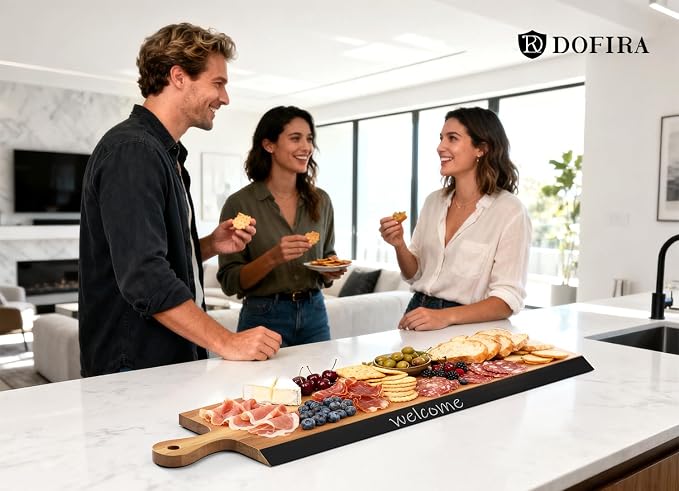 32" Acacia Charcuterie Board with Handle – Extra Long Serving Platter with Chalkboard Edge for Cheese, Meat & Appetizers – Large Wooden Kitchen Board for Parties, Gatherings & Home Decor