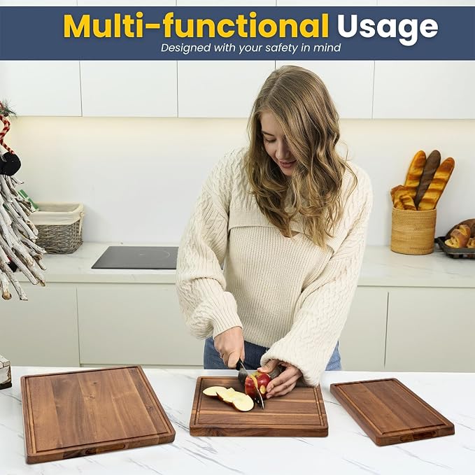 KOLWOVEN Wood Cutting Boards for Kitchen - Set of 3, Wooden Cutting Board Set with Holder for Chopping Meat, Cheese, Fruits, Vegetables, Knife Friendly Serving Tray