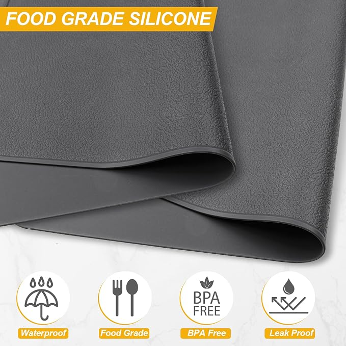 Kamehame Silicone Placemats, Placemats for Dining Table Set of 2 Non-Slip Table Mats 17.5 x 11.4 inch with Raised Edges - Dark Gray