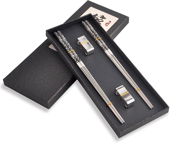 Metal Chop Sticks Reusable Dishwasher Safe with Holder, SUS 304 Stainless Steel Chopsticks, Elegant Chopsticks Reusable Non-Slip Design Gift Set (Metal)