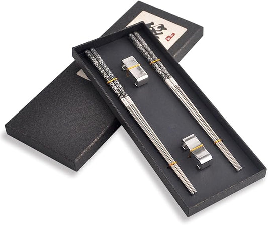 Metal Chop Sticks Reusable Dishwasher Safe with Holder, SUS 304 Stainless Steel Chopsticks, Elegant Chopsticks Reusable Non-Slip Design Gift Set (Metal)