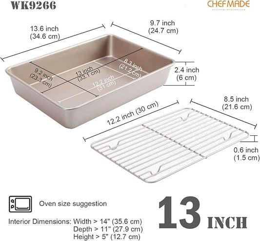 CHEFMADE Roasting Pan with Rack, 13-Inch Non-Stick Rectangular Deep Dish Oven-BBQ Bakeware for Oven Baking 9" x 13" x 2.4" (Champagne Gold)