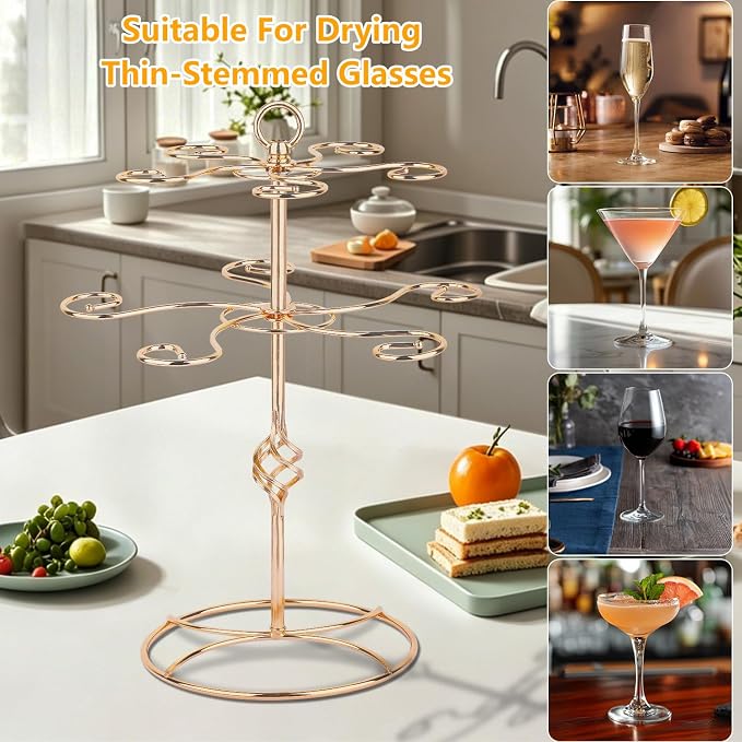 QPIX DIGITAL Wine Glass Rack 2 Tier 10 Holders Wine Glass Holder Stand, Elegant Rose Gold Cocktail Tree Stand Countertop Tabletop Stemware Rack for Home and Bar Storage,Easy Assembly