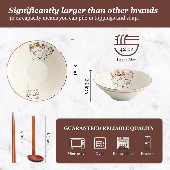 NJCHARMS Ceramic Ramen Bowl Set of 2, 42 oz Japanese Noodle Soup Bowls with Spoons and Chopsticks for Ramen Soup Pho Udon Asian Noodles, Large Noodle Bowls(Beige)