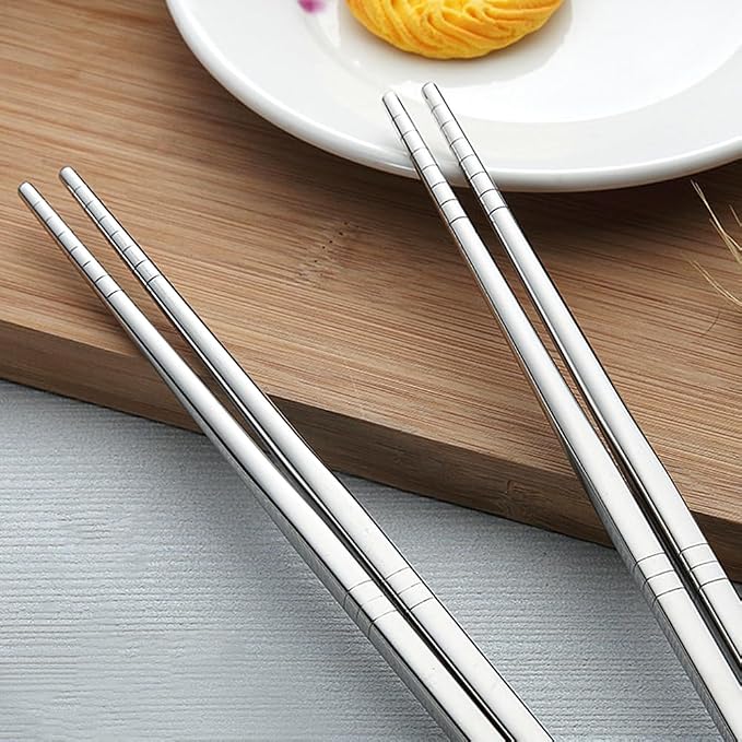 Stainless Steel Chopsticks Set, 5 Pairs, Square Non-Roll, Non-Slip Tips | Length 8.86 in each, Mirror polished silver finish, For noodles dumplings sushi rice hot pot, No case or stand