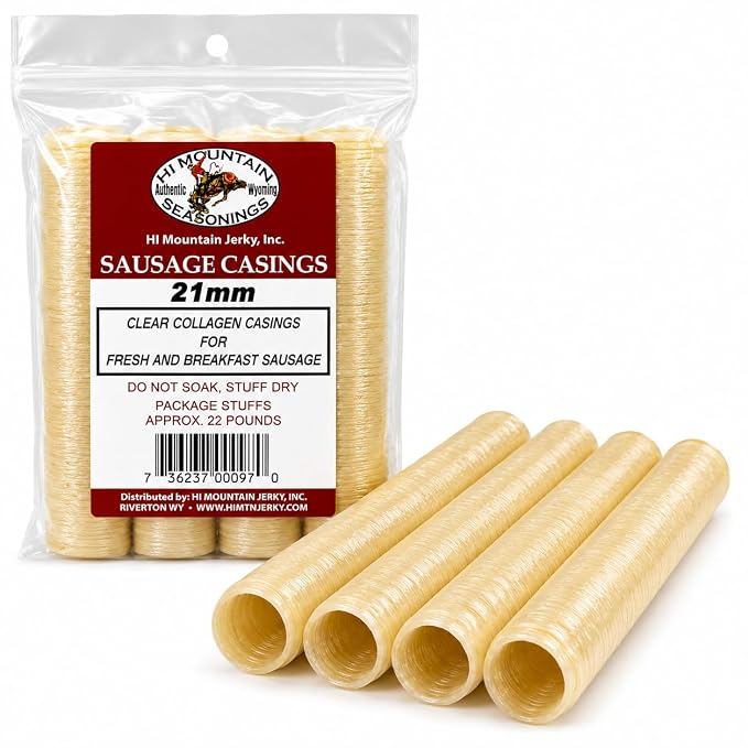 Hi Mountain Breakfast Sausage Casings | 21 mm, Edible, Clear | Collagen sausage casings for fresh breakfast sausage links made with pork, beef or venison. Makes up to 22 lbs
