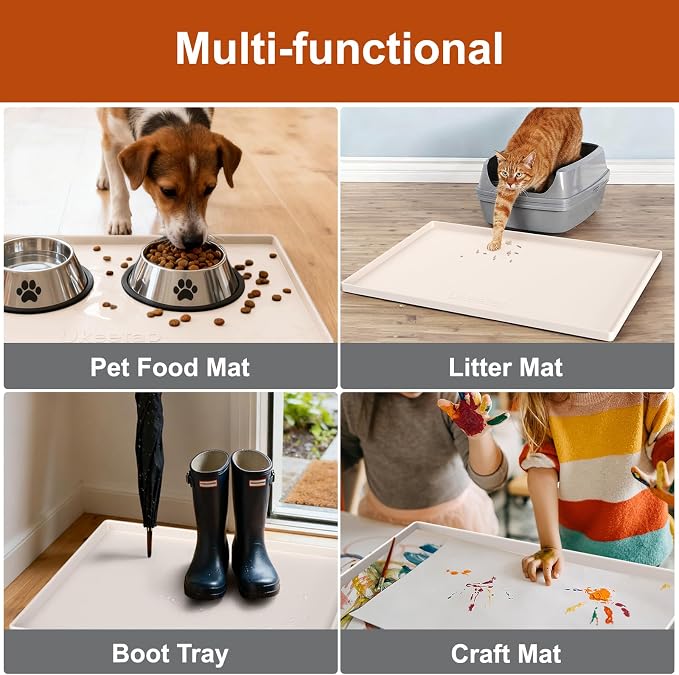 ukeetap 34" x 22" Extra Thick Silicone Mat Waterproof with Raised Edge, Under Sink Mat for Kitchen & Bathroom, Kitchen Cabinet Liner, Multi-Purpose for Storage & Protection, Beige