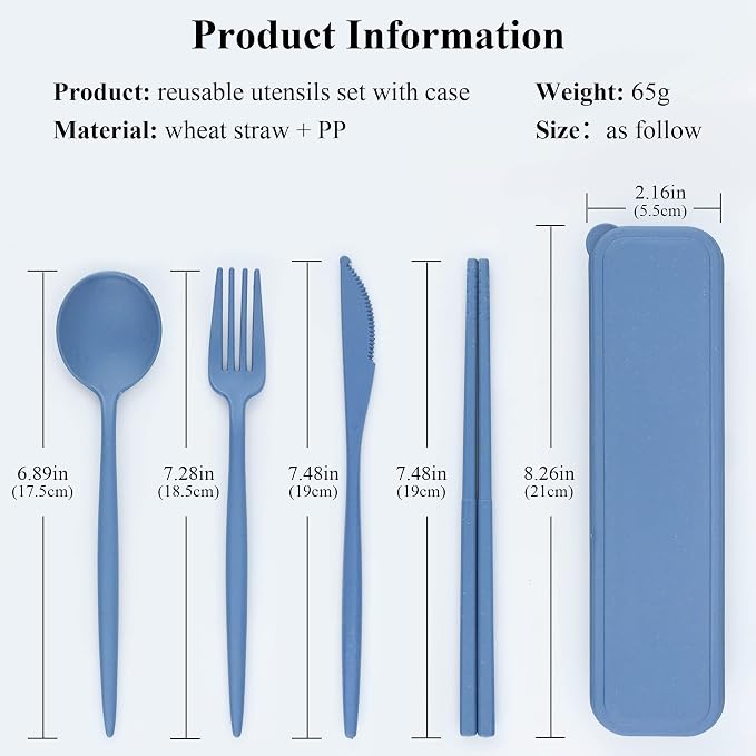 DISSKNIC Reusable Utensils Set with Case, 6 Sets Travel Utensils with Case, Wheat Straw Portable Cutlery Set Chopsticks Knives Fork and Spoon for Lunch Box Accessories