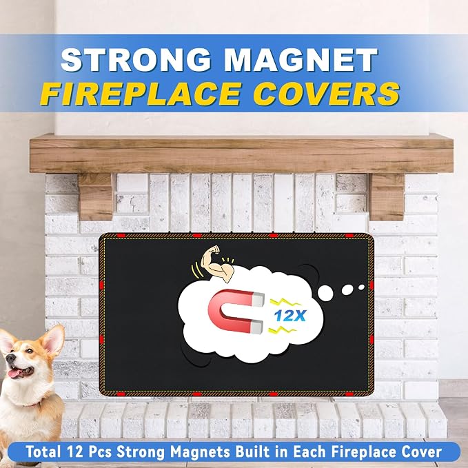 Magnetic Fireplace Cover, Fireplace Draft Stopper with 12 Pieces Strong Magnets, Fireplace Blanket for Heat Loss, Air Blocker for Winter and Summer, 36"x20", Black