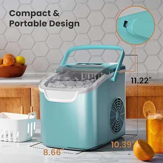 Portable Ice Maker Machine with Handle, 26lbs/24Hrs, 6Mins/8 Ice Cubes, Self-Cleaning with Basket/Scoop, Countertop Ice Makers for Home/Kitchen/Office(Green)