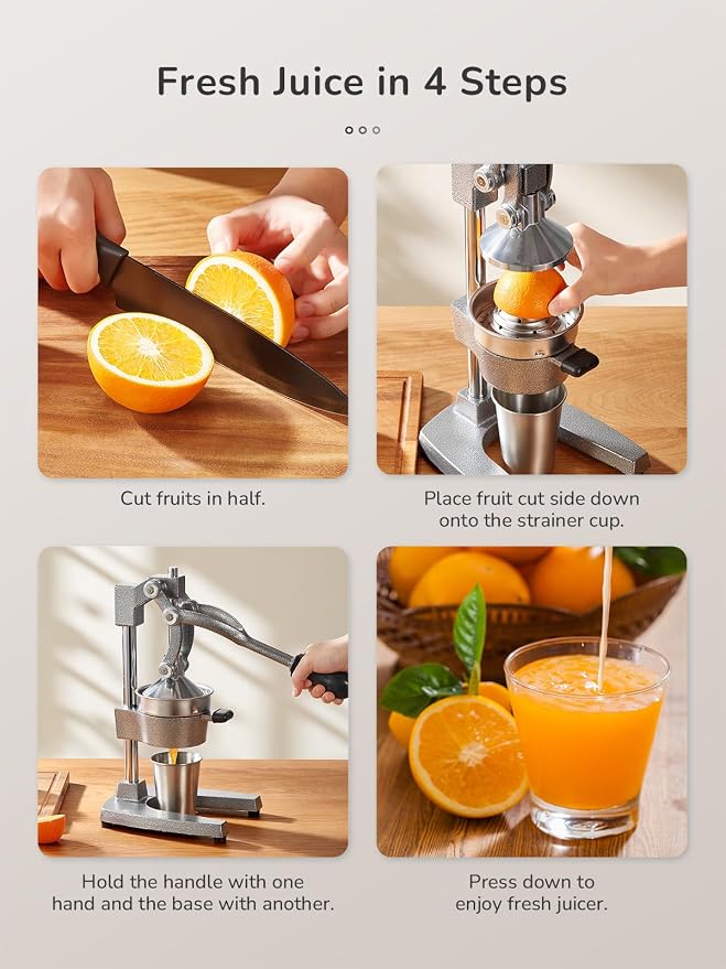 QCen Manual Citrus Juicer Cast Iron Heavy Duty Orange Press | Stainless Steel Strainer, Hand Squeezer, Easy To Clean, For Orange, Lemon, Lime And Grapefruit, Silver